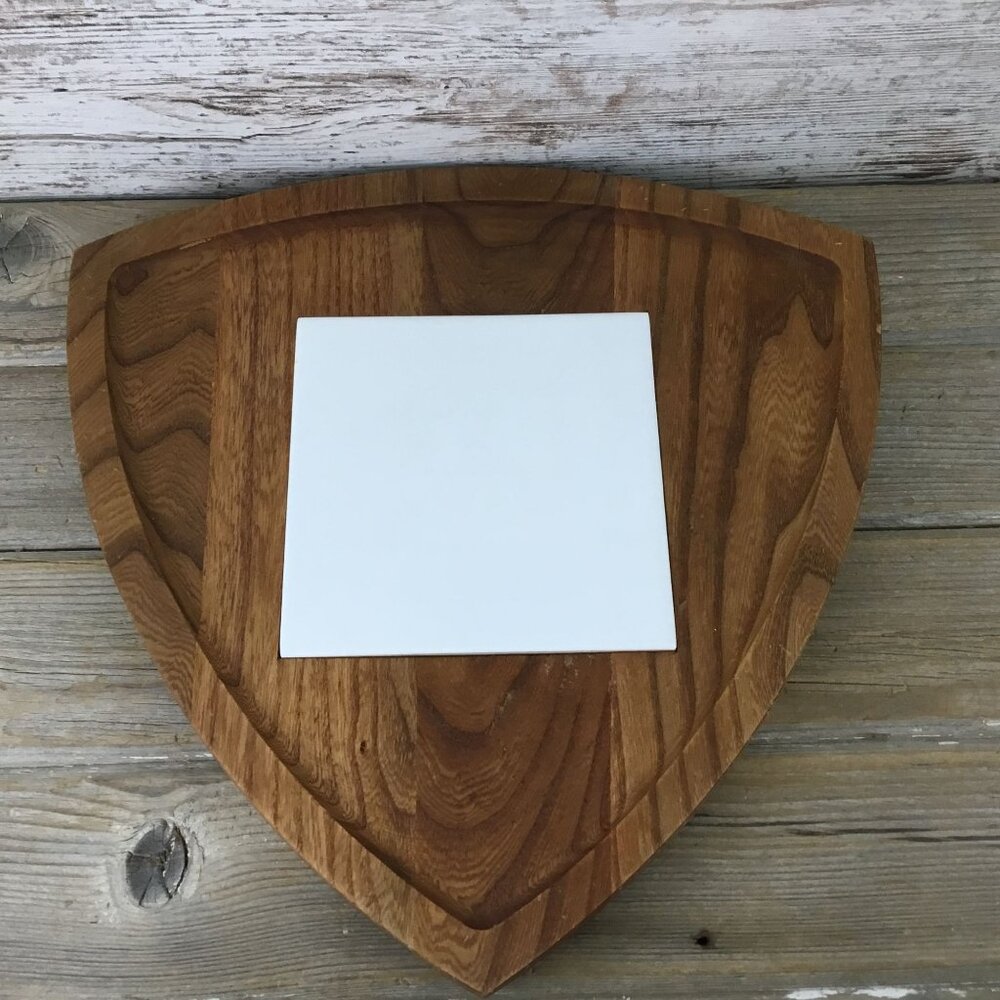 Decorative Shield-Shaped Wooden Cheese Board W/ Removable Ceramic Tile Insert By